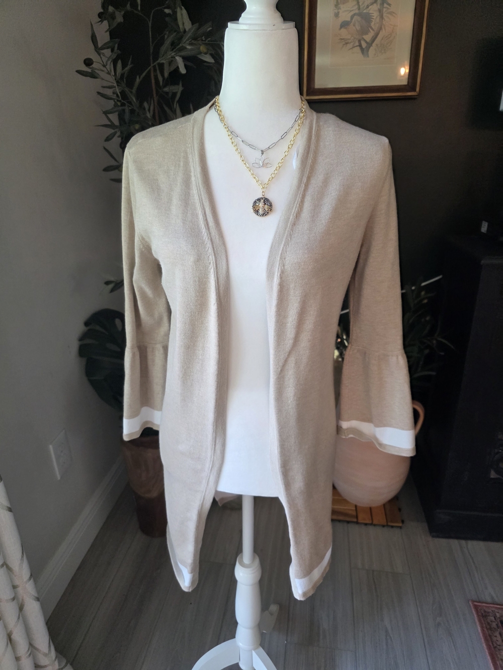 Calvin Klein Beige Open-Front Cardigan with White Trim